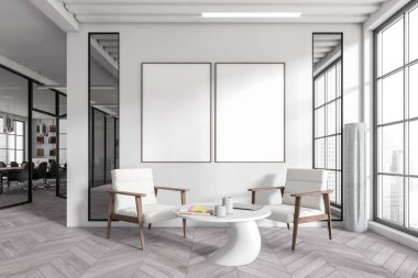 White office room interior with two armchairs and coffee table, panoramic window with city view. Lounge area in business hall. Two mockup posters, 3D rendering