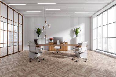 White consulting room interior with pc computer, desk and armchairs on hardwood floor. Drawer with decoration, plant. Panoramic window on Singapore city view. 3D rendering