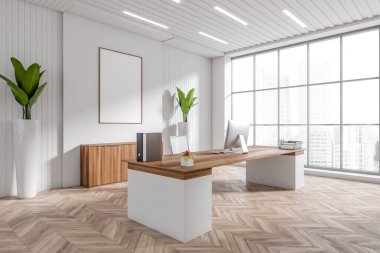 Stylish workplace interior with pc computer on desk, side view, panoramic window on Singapore city view. Sideboard with plant, decoration. Mockup poster on white wall, 3D rendering
