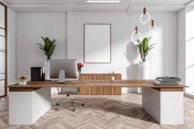 White consulting room interior with pc computer on desk, armchair on hardwood floor. Business sideboard with plant, decoration. Mockup poster on white wall, 3D rendering