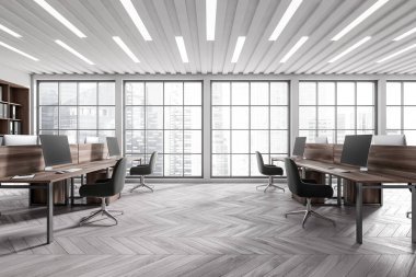 Modern workspace interior with armchairs and pc computer on desk, hardwood floor. Open space coworking with panoramic window on Singapore skyscrapers. 3D rendering