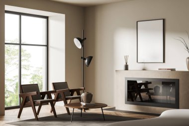 Beige living room interior with two armchairs, side view, fireplace and coffee table with decoration, panoramic window on tropics. Mock up blank poster. 3D rendering