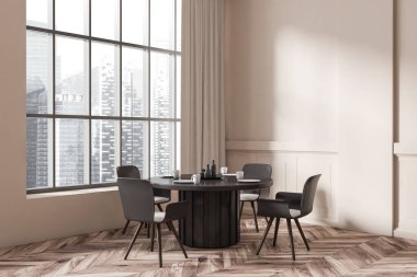 Dining room interior with black table and chairs, side view, hardwood floor. Panoramic window on Singapore city view. Mockup empty wall, 3D rendering