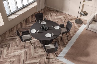 Top view of living room interior with black table and chairs, carpet on hardwood floor. Panoramic window on city view. Lounge zone with eating area. 3D rendering