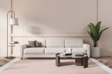 Modern living room interior sofa with coffee table on carpet, plant and lamp, stand with books on hardwood floor. Mockup empty wall, 3D rendering