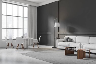 Light living room interior with dining table and chairs, side view, sofa on carpet on grey concrete floor. Panoramic window on Singapore. Relax space with eating area. 3D rendering