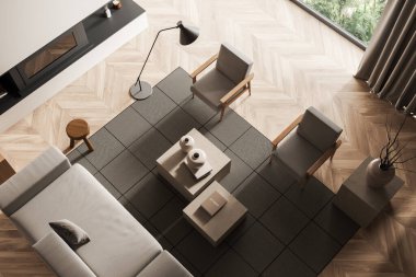 Top view of beige relax room interior with sofa and armchair, fireplace and coffee table with decoration, hardwood floor, window on tropics. 3D rendering