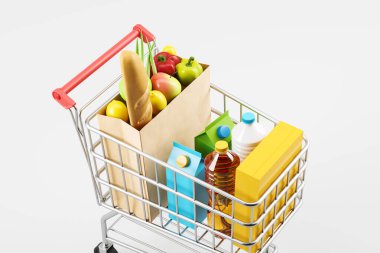 Shopping cart top view with products in paper bag, light grey background. Concept of delivery and online order. 3D rendering