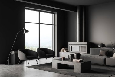 Dark living room interior in apartment, two armchairs, sofa and coffee table, fireplace, carpet on dark grey concretemfloor. 3D rendering