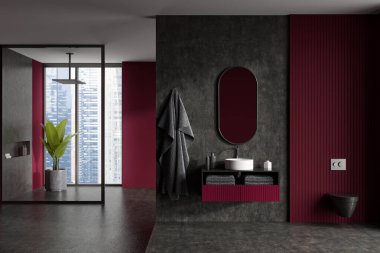 Dark bathroom interior with sink, shower, mirror and towels. Soap bottle and reed diffuser on deck, grey concrete floor. 3D rendering