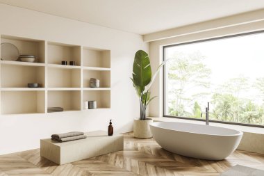 Beige bathroom interior with bathtub on hardwood floor, side view. Shelf and podium with decoration and accessories, panoramic window on tropics. 3D rendering
