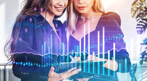 Two Office Women Clipboard Business Room Virtual Screen Stock Market — Foto de Stock