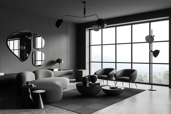深色客厅内饰有沙发和两张扶手椅 侧视图 铺有地毯装饰的咖啡桌 灰色混凝土地板 乡村的全景窗户 3D渲染 — 图库照片