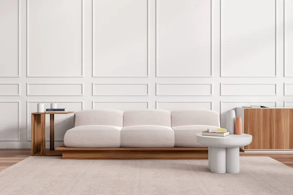 白色客厅内部有沙发 咖啡桌在地毯上 架子和木制梳妆台与装饰 豪华公寓舒适的休息区 3D渲染 — 图库照片
