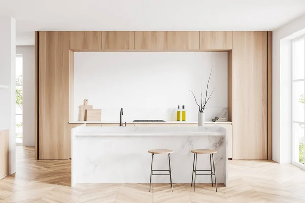 White Kitchen Interior Bar Chairs Marble Countertop Sink Hardwood Floor — Stock fotografie