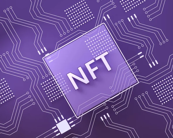 Nftとコンピュータプロセッサマイクロチップ 明るい紫色の背景 回路ライン グラフィックカード ブロックチェーン マイニングと暗号通貨の概念 3Dレンダリング — ストック写真