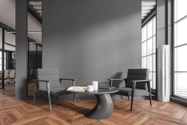 Dark office room interior with two armchairs and coffee table, panoramic window with city view. Office minimalist waiting room. Mockup empty grey wall. 3D rendering