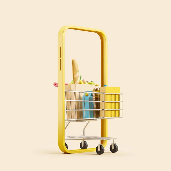 Smartphone and shopping cart with products in paper bag, light beige background. Concept of delivery and online order. 3D rendering