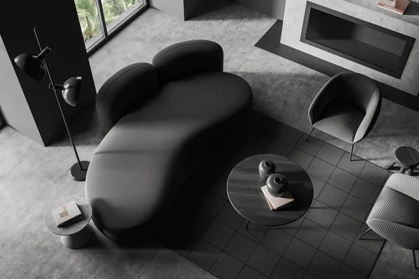客厅内部有沙发和扶手椅 有装饰和壁炉的咖啡桌 灰色混凝土地板的顶部视图 热带地区的寒带和全景窗 3D渲染 — 图库照片