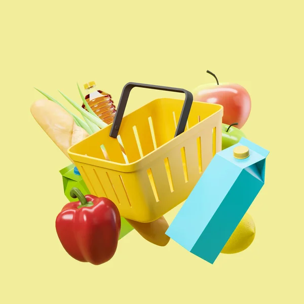stock image Shopping basket and diverse floating products, light yellow background. Concept of delivery and purchase. 3D rendering