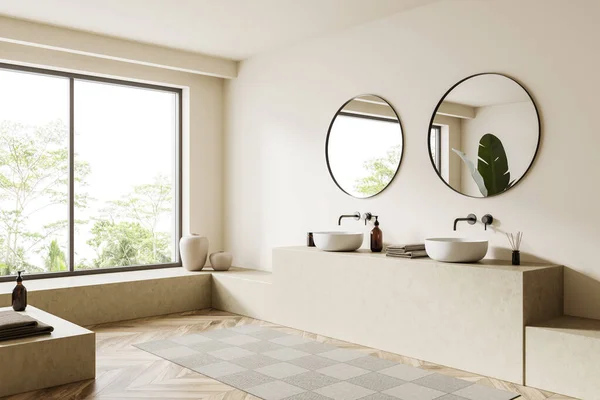 Beige Bathroom Interior Double Sink Mirror Side View Carpet Hardwood — Stock Photo, Image