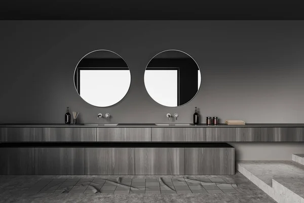 Dark Bathroom Interior Double Sink Mirror Foot Towel Grey Concrete — Foto de Stock
