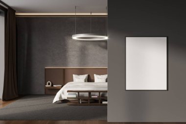 Bedroom interior, bed and nightstand, bookshelf, front view. Hotel studio, curtain and round lamp. Mock up poster on concrete grey wall. 3D rendering