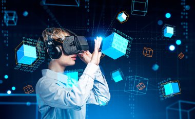 Businesswoman profile in vr glasses hand touch digital hologram of information fields and blocks, virtual reality. Concept of blockchain and big data