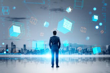 Businessman full length, back view, looking at New York skyscrapers skyline. Digital hologram of information fields and binary. Concept of blockchain and big data storage