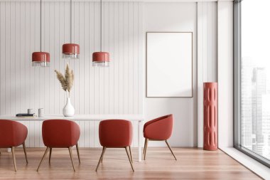 Red and white design of dining room interior with table and armchairs, Mock up wall poster. Panoramic window, downtown city view. 3D rendering