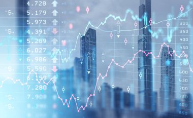 Stock market changes, forex diagrams with graph lines and numbers. Double exposure with New York cityscape, Manhattan. Concept of online trading and analysis
