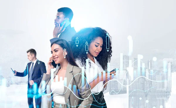 White and black people using smartphone, video call and communication. Double exposure with financial analysis and stock market chart with candlesticks, cityscape. Concept of teamwork