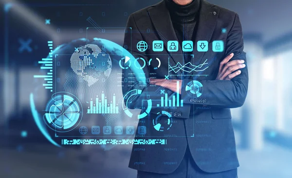 African businessman with arms crossed, digital hologram with earth globe and lines, bar chart with numbers. Glowing chart with dynamic changes. Concept of financial advisor