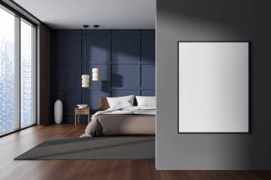 Dark hotel bedroom interior bed and nightstand with decoration, carpet on hardwood floor. Panoramic window on skyscrapers. Mock up canvas poster on partition. 3D rendering