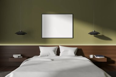 Hotel bedroom interior bed with white bedding, wooden nightstand with books. Mock up canvas poster on green wall. 3D rendering