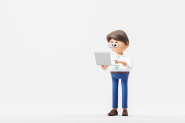 3d rendering. Cartoon character man working with laptop, empty copy space background. Concept of distance work and freelancer illustration