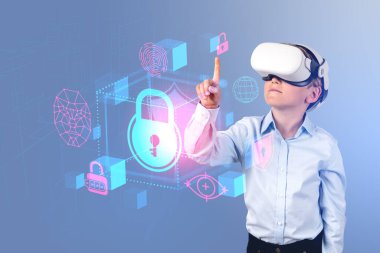 Child boy in vr glasses, finger touch digital lock hologram, encrypted data block in metaverse. Biometric verification and cyberspace hud. Concept of parental control