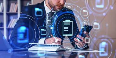 Businessman taking note and working with smartphone. Document management system hologram with electronic documents. Concept of online database and mobile app