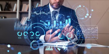 Businessman using phone, virtual screen hud with stock market candlesticks, graph chart with big business data statistics. Concept of dashboard and finance