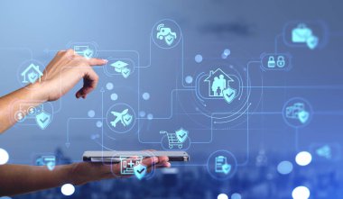 Woman holding phone, finger touching graduation cap on a virtual screen hologram. Concept of education insurance, safeguard and life protection