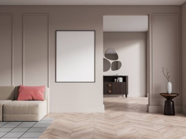 Beige living room interior with sofa and mockup canvas poster. Partition and drawer with art decoration, hardwood floor. 3D rendering