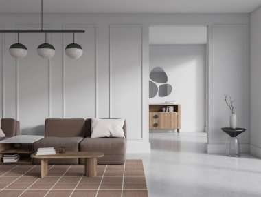 Front view on bright living room interior with couch, arch, white wall, coffee table, concrete floor, carpet, panoramic window, sideboard. Concept of minimalist design. Place for meeting. 3d rendering