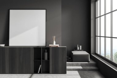 Dark living room interior with cabinet and decoration, sofa in the corner. Panoramic window on countryside. Mock up blank square poster. 3D rendering