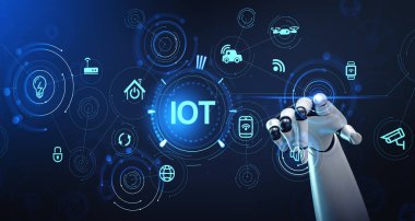 Robot finger touching internet of things hologram, digital icons of network and connection hud. Concept of IOT, smart technology and artificial intelligence. 3D rendering 