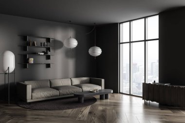 Dark living room interior with sofa and shelf with decoration, side view. Lounge corner with panoramic window on Paris skyscrapers. 3D rendering