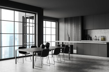 Dark stylish home kitchen interior with dining table and chairs, bar island and kitchenware, side view. Panoramic window on skyscrapers. 3D rendering