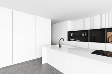 White kitchen interior with bar island, sink and stove with modern kitchenware on shelf. Light cooking corner with luxury minimalist design. 3D rendering