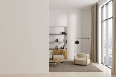 Interior of modern living room with white walls, concrete floor, cozy white armchair standing next to bookcase and panoramic window with blurry cityscape. Mock up wall to the left. 3d rendering