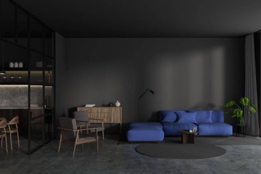 Dark studio interior with sofa and two armchairs, sideboard on grey concrete floor. Dining and cooking zone with kitchenware. Mockup empty wall. 3D rendering