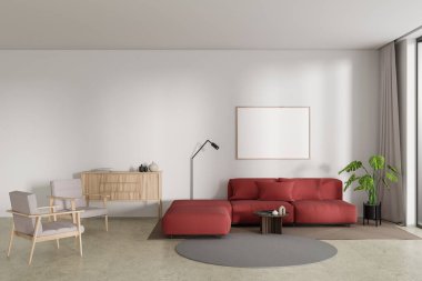 Front view on bright living room interior with empty poster, white wall, couch, armchair, concrete floor, panoramic window. Concept of minimalist design. Place for meeting. Mock up. 3d rendering
